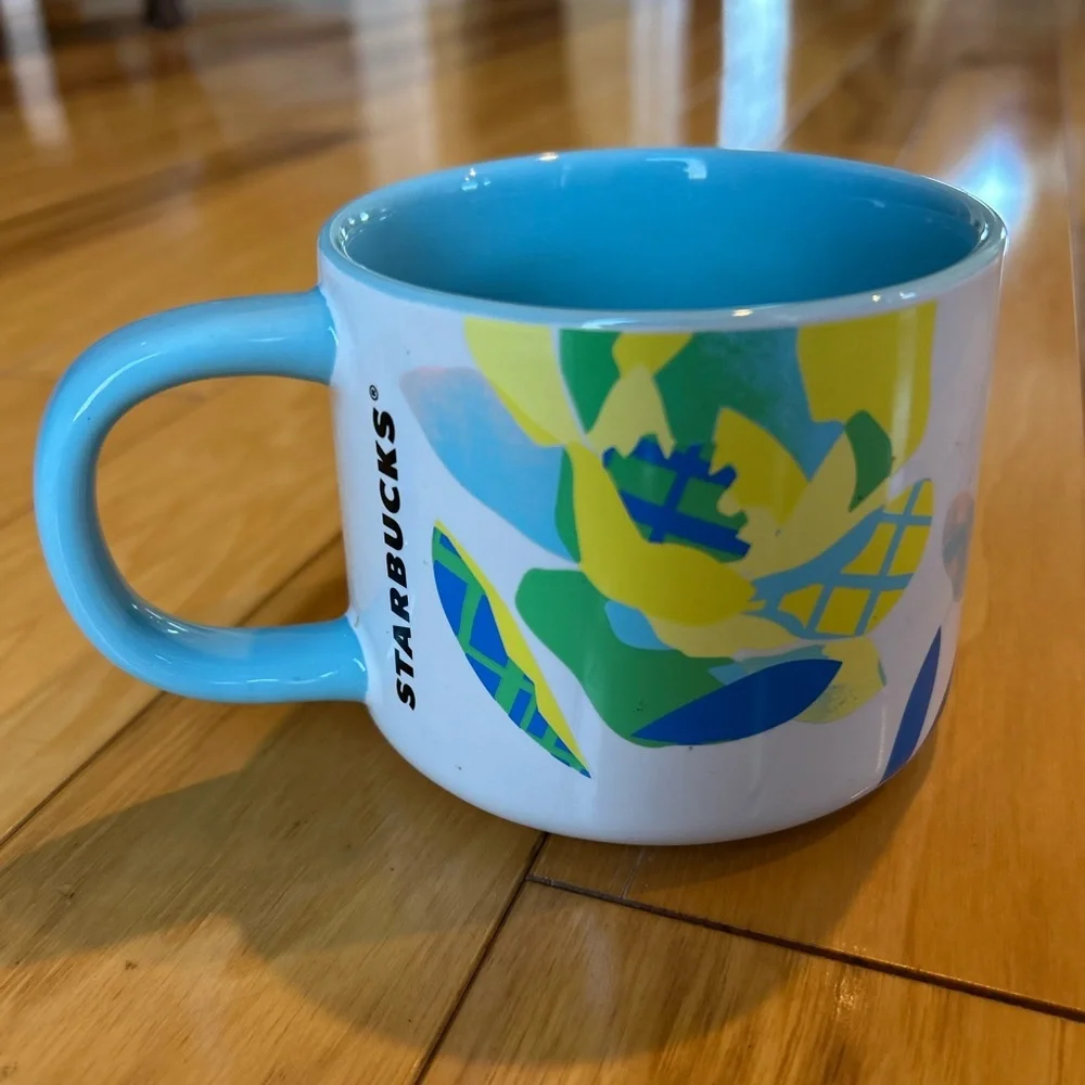 Starbucks 2023 Abstract Floral Bee On Flower Blue Green Ceramic Mug